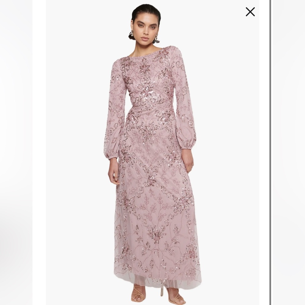 MARYISA Hand Embellished Sequin Beaded Floral Evening Gown